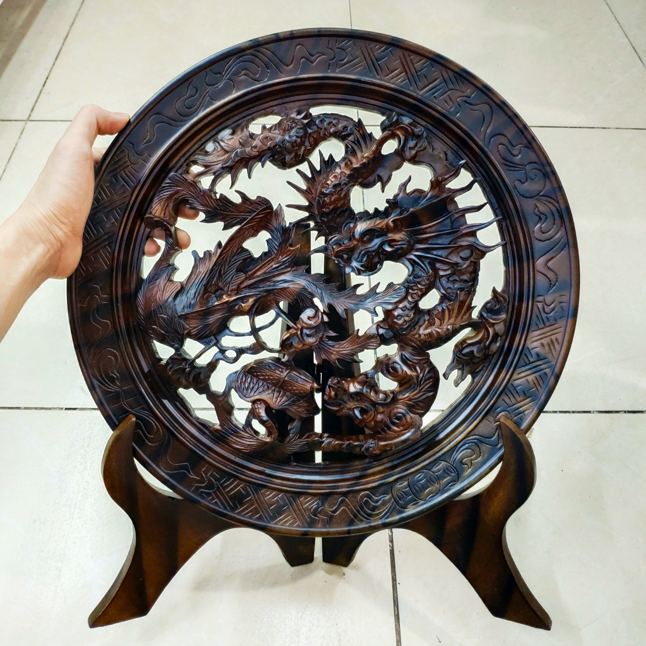 đĩa gỗ tứ linh gỗ muồng đen