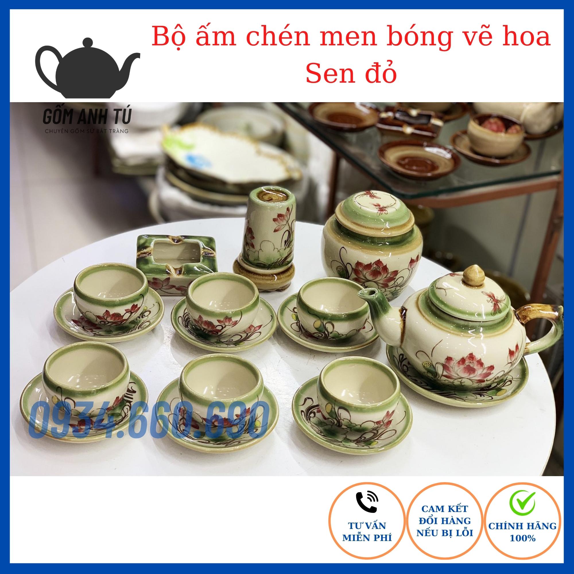 Bộ ấm chén Bát Tràng ấm pha trà men bóng dáng chóp vẽ hoa Sen đỏ dung tích ấm 400ml