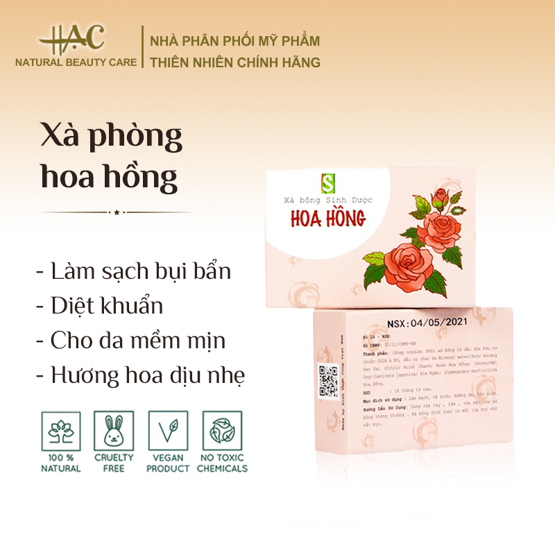 Xà phòng Hoa Hồng với mùi hương dịu nhẹ, cho da mềm mịn hơn - Xà Phòng Sinh Dược - HẠC Natural Beauty Care
