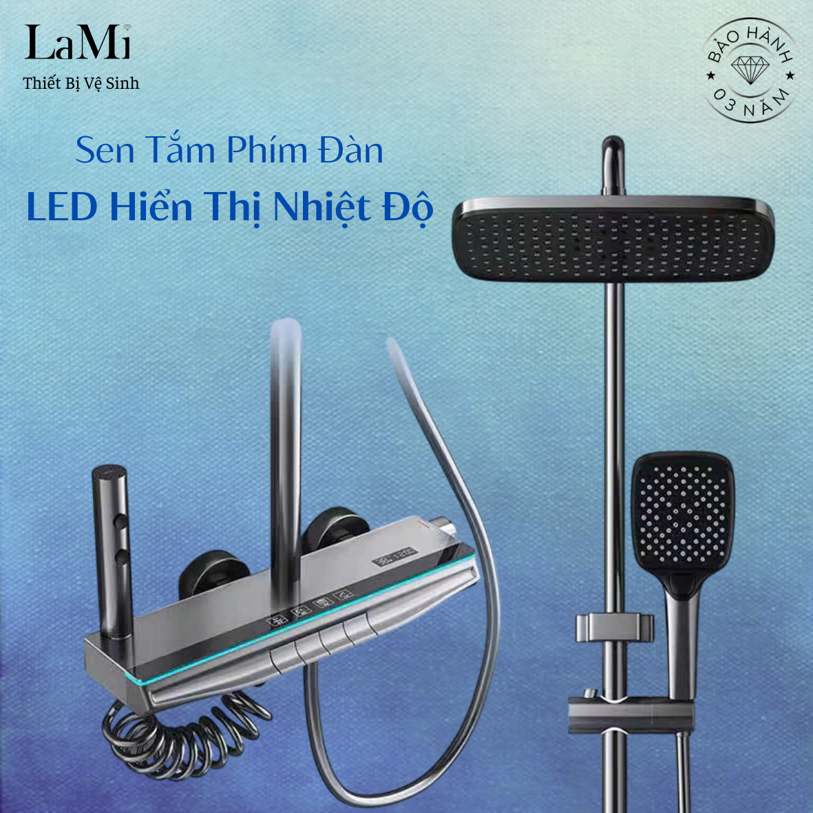 Sen Cây Tắm Đứng Phím Đàn Lami, Cây Sen Tắm Nóng Lạnh Hiển Thị Nhiệt Độ Đa Năng Mạ Titan ST117X