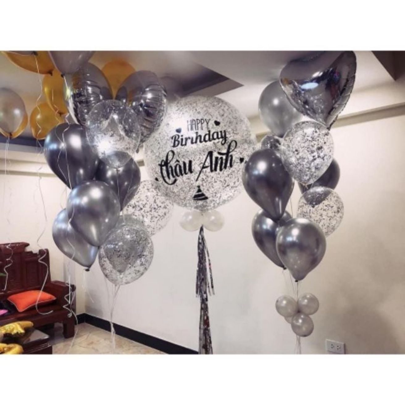 Bóng jumbo trong suốt KÈM CHỮ DECAL KIM TUYẾN TUA RUA BÓNG NHỎ