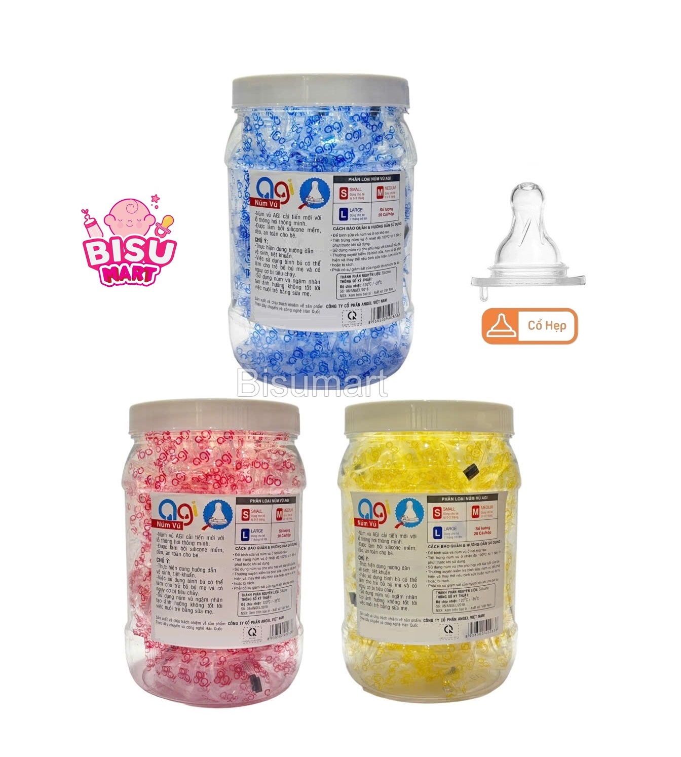 Hộp 20 cái núm vú cổ hẹp silicon mềm cho bé agi size s m l