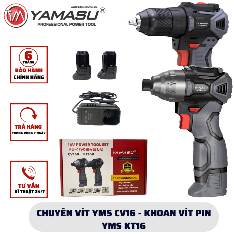 Bộ combo khoan bắt vít yamasu cv16-kt16 pin 16v nhập khẩu chính hãng bảo hành toàn quốc