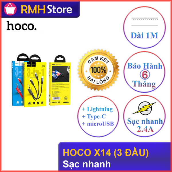 [Sale xả hàng] [Thương Hiệu HOCO] Cáp sạc Hoco X14 (2.4A, 3 đầu , Sạc nhanh,  1 Mét)