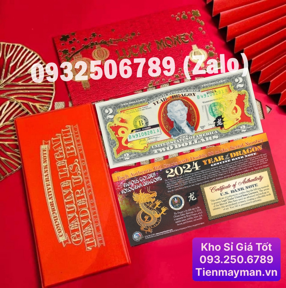 Combo 5 tờ tiền 2 usd hình con rồng màu mạ vàng 2024