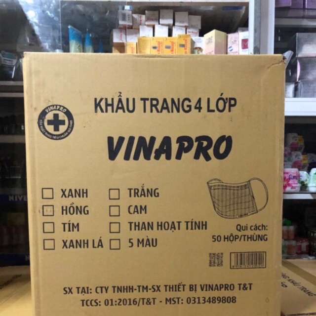Nguyên thùng khẩu trang 4 lớp Vinapro xanh (50 hộp x 50 cái/hộp)