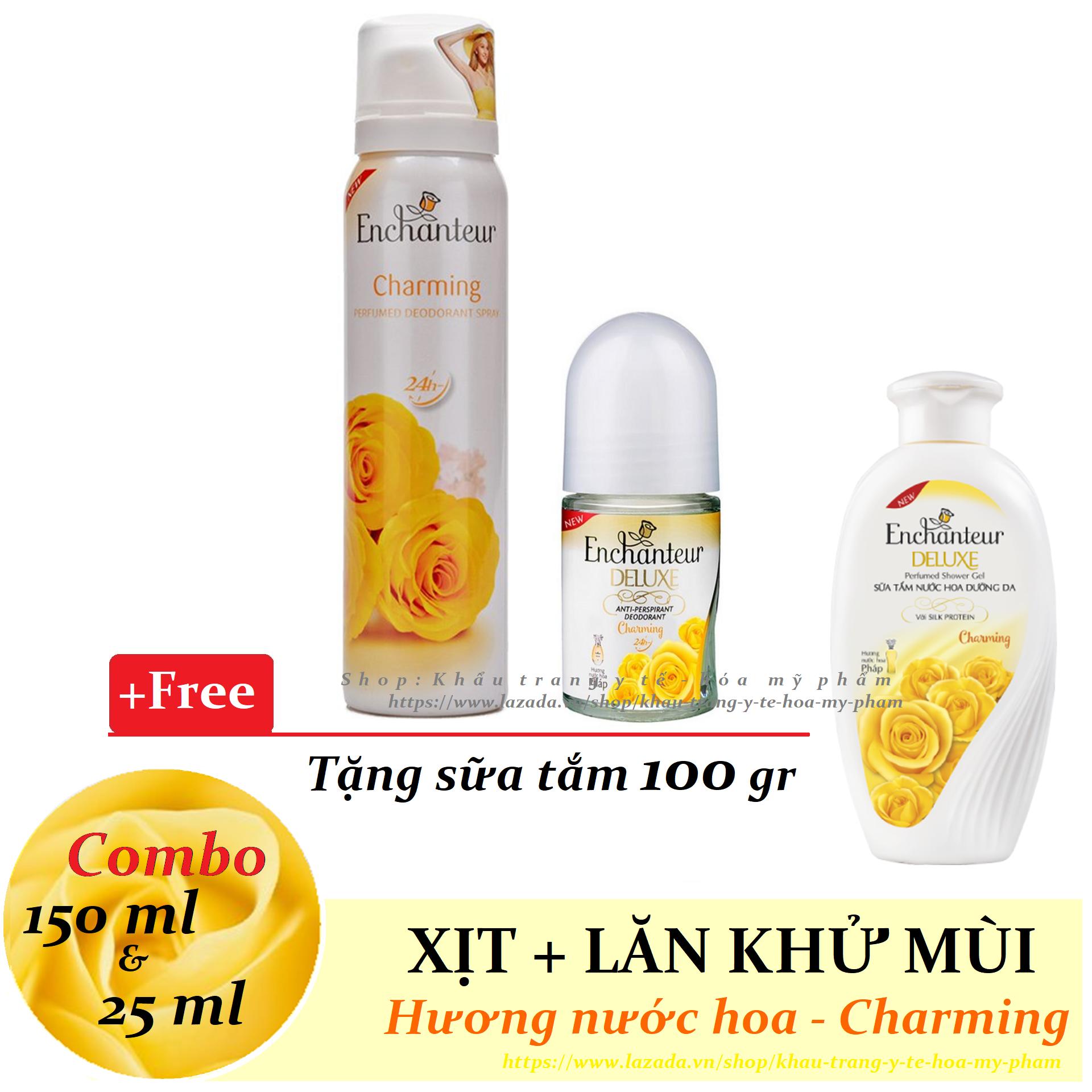 [HCM]Enchanteur - [Combo]  Xịt ngăn mùi toàn thân 150 ml + Lăn khử mùi 25 ml - Hương NH Charming ++ Tặng sữa tắm 100 gr