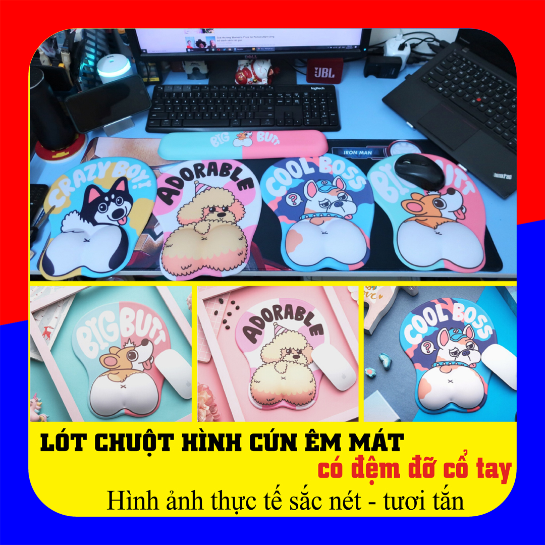 Bàn di chuột có đệm đỡ cổ tay, miếng lót chuột dễ thương, tấm lót chuột hình cún cute, tấm lót chuột 3D