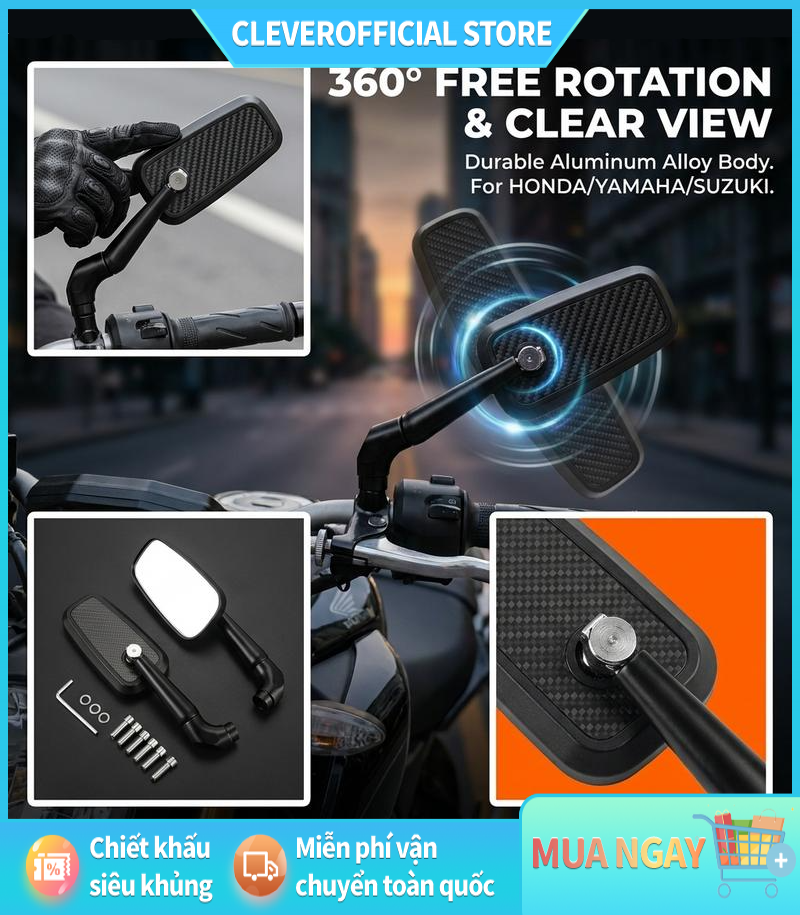⚡ Free Shipping ⚡ 360 Degree Rotating Rearview Mirror, Black Aluminum Alloy, White Glass Giá 215,603 Đồng*Miễn phí vận chuyển