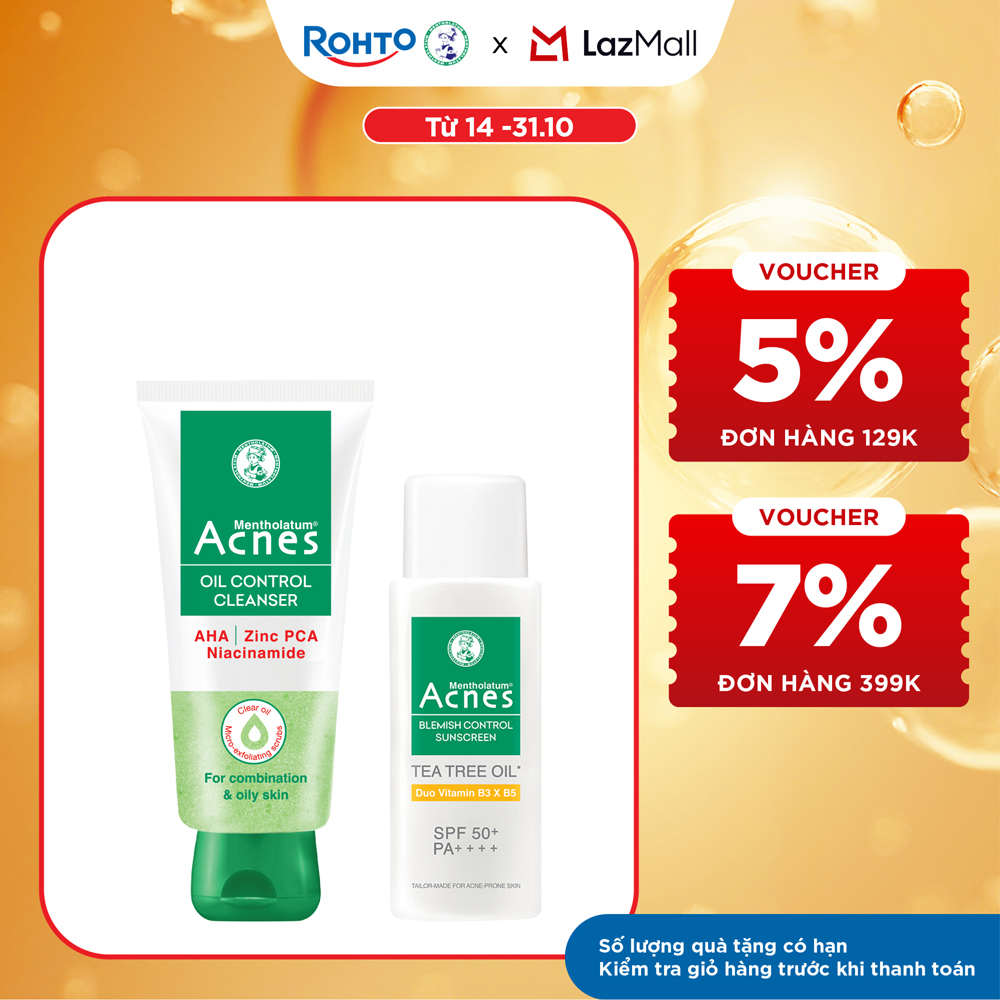 [VB] Bộ đôi sạch sâu - bảo vệ da, ngừa mụn Acnes (Sữa rửa mặt Acnes Oil Control Cleanser 100mL + Kem chống nắng Acnes Blemish Control Sunscreen 50mL)