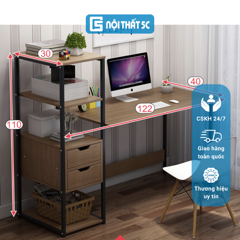 Bàn làm việc liền kệ sách có ngăn kéo Chất liệu gỗ nguyên tấm MDF chống trầy xước mặt bàn, chống ẩm môc và không bám bẩn