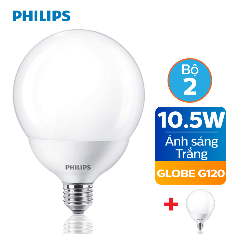 Bộ 2 bóng đèn led philips globe 10.5w 6500k e27 g120 - ánh sáng trắng