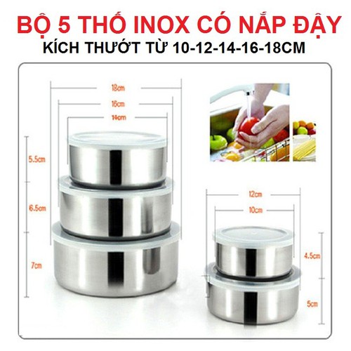 Bộ 5 thố inox có nắp đậy (10cm, 12cm, 14cm, 16cm và 18cm) - bộ 5 thố inox lạnh - bộ 5 hộp inox