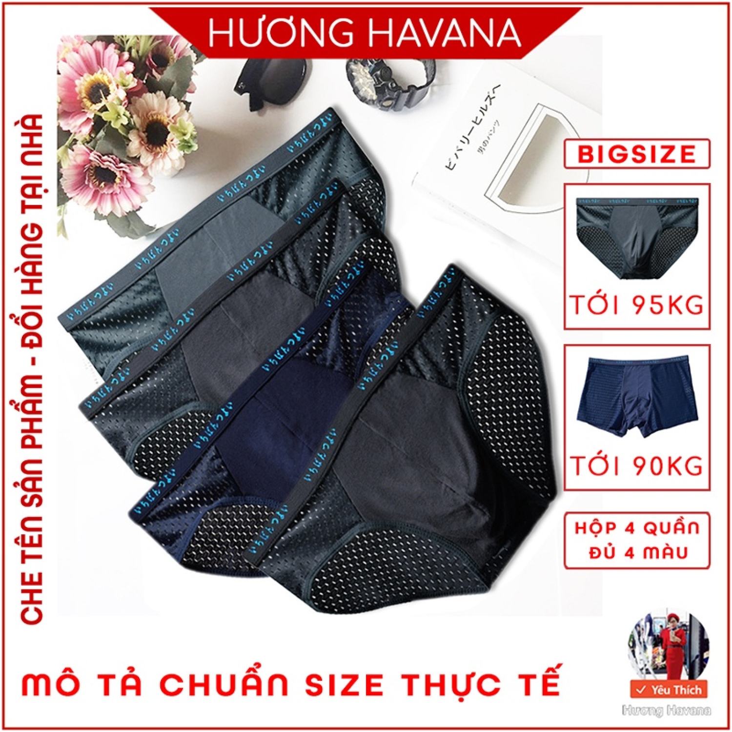 Hộp 4 quần lót nam thông hơi - quần sịp nam tam giác đùi nhật bản - có size lớn MLQ01