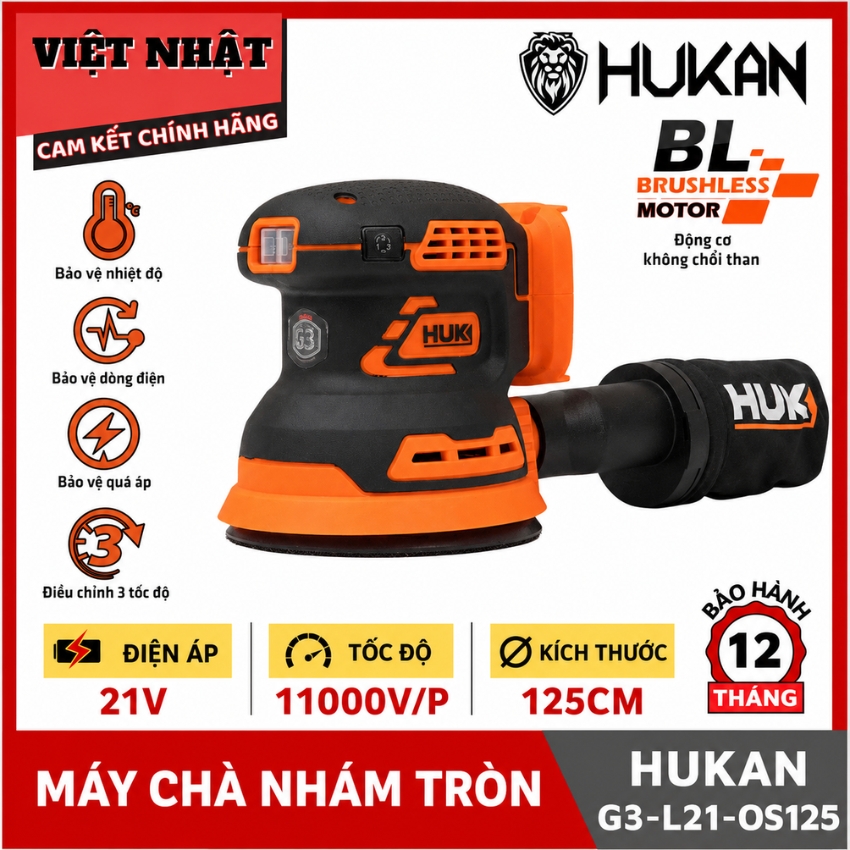 May chà nhám tròn Hukan G3-L21-0S125 động cơ không chổi than, tốc độ 11000v/p, điện áp 21v, kích thước 125cm