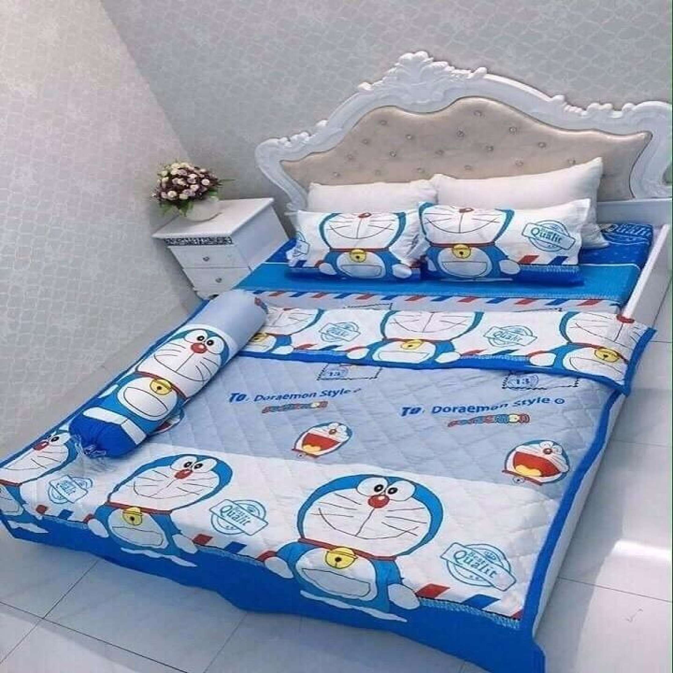 TRỌN BỘ CHĂN GA GỐI COMBO 5 MÓN - ĐÔREMON THƯ - DRAP RA 5 MÓN DOREMON