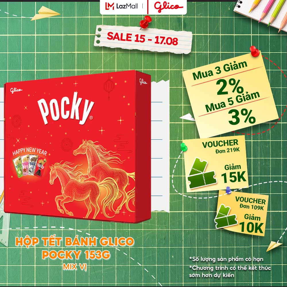 (QUÀ ĐẶC BIỆT ĐƠN 1299K) HỘP QUÀ BÁNH QUE POCKY MIX 4 VỊ (1 Kem Chocolate + 1 Cookies Cream + 1 Kem Dâu + 1 Trà Xanh) 153gr