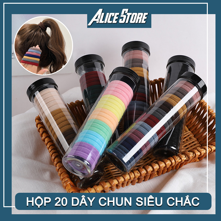 Set 20 dây chun buộc tóc siêu xinh đựng trong hộp ống trong suốt tiện lợi chất thun buộc siêu co dãn nhiều màu hot trend - hộp 20 dây chun buộc tóc hình trụ nhiều màu - thun cột tóc nữ