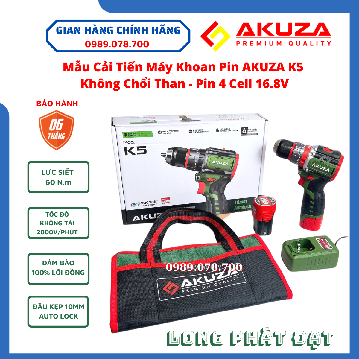 Máy khoan pin akuza k5 - khoan pin 16,8v không chổi than đầu kẹp autolook 10mm