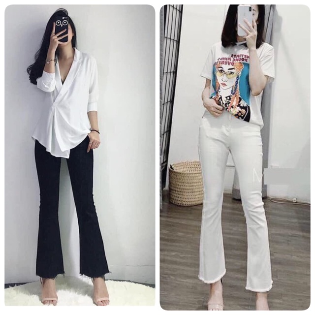 Quần jean ống loe quần bò ống loe co giãn dày dặn màu đen.