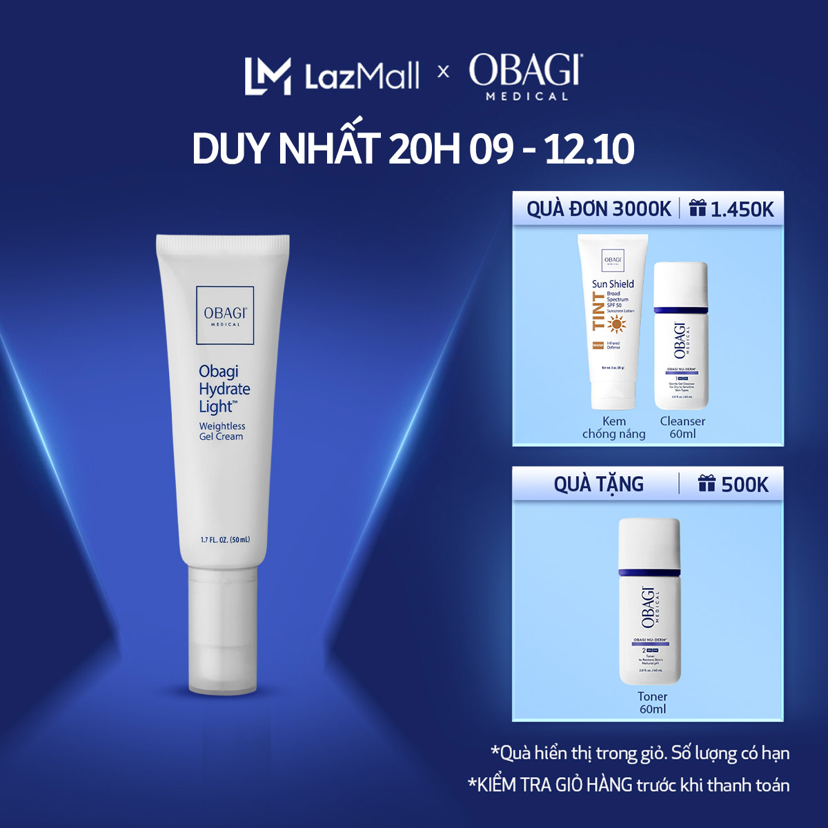 [MUA 1 TẶNG 1] Kem dưỡng ẩm mỏng nhẹ Obagi Medical Hydrate Light Weightless Gel Cream 48g