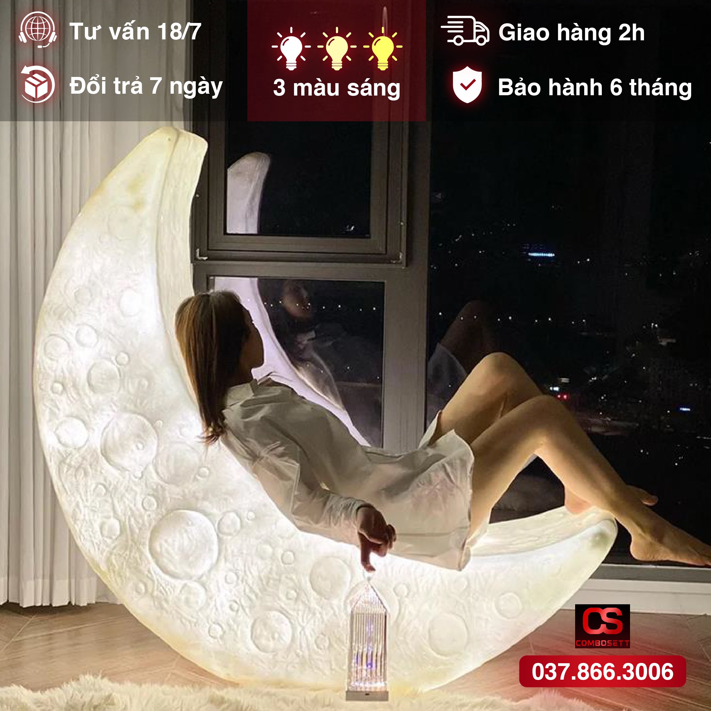 (1,5 mét) Sofa đèn mặt trăng dạ quang, Ghế trăng LED dạ quang 3 chế độ ánh sáng chịu tải trọng 200kg, Đèn trăng khuyết decor sân vườn chống nước trang trí quán cafe, biệt thự - Combosett