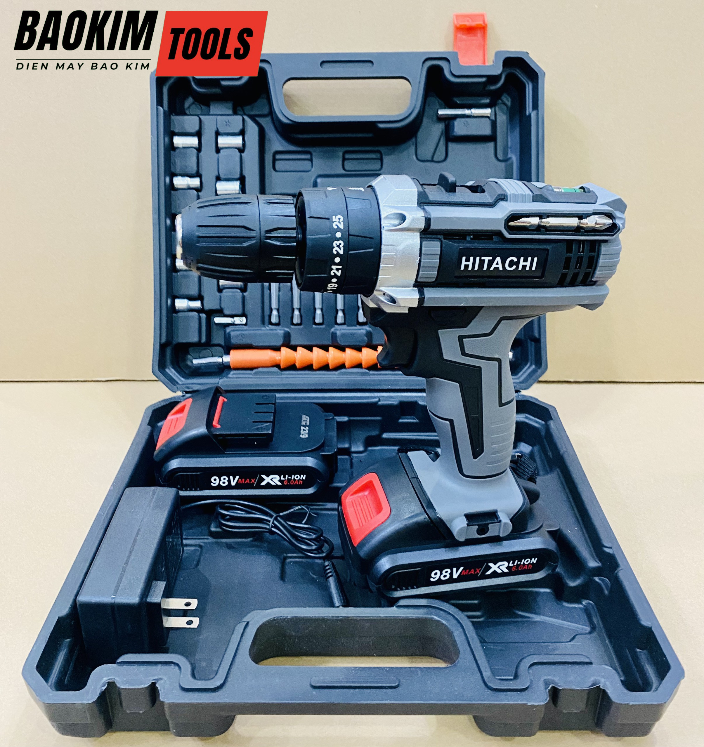 [FREESHIP] Máy khoan pin 98V Hitachi loại 3 chức năng / Chuyên khoan tường, khoan sắt, gỗ, bắt vít / Tặng kèm bộ phụ kiện 24 chi tiết