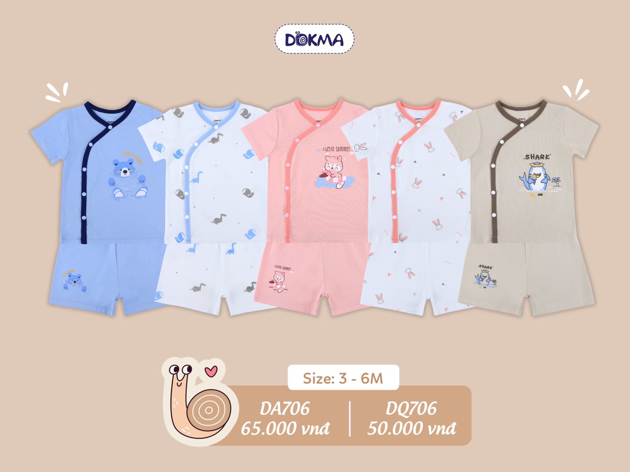 Bộ cộc tay cài lệch dành cho bé sơ sinh da706 hiệu dokma size 1 - 9m tiệm nhà sóc