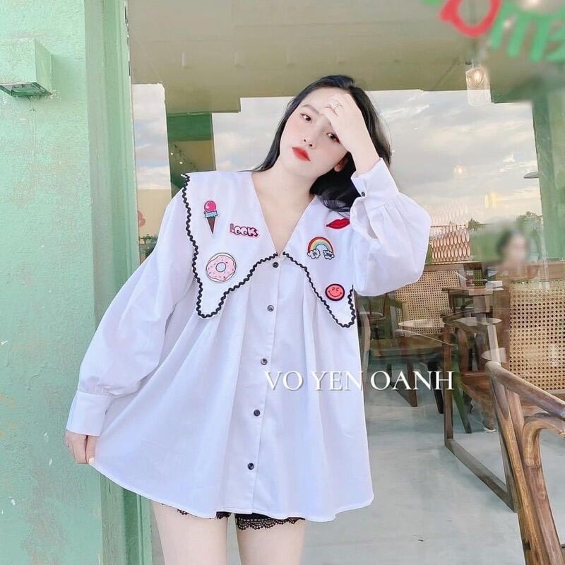 Áo sơmi trắng cổ nhọn hoạ tiết cute có ảnh thật kèm video