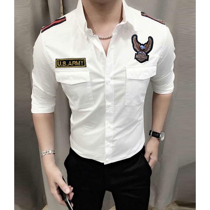 Áo sơ mi nam kaki thêu logo us army eagle cao cấp