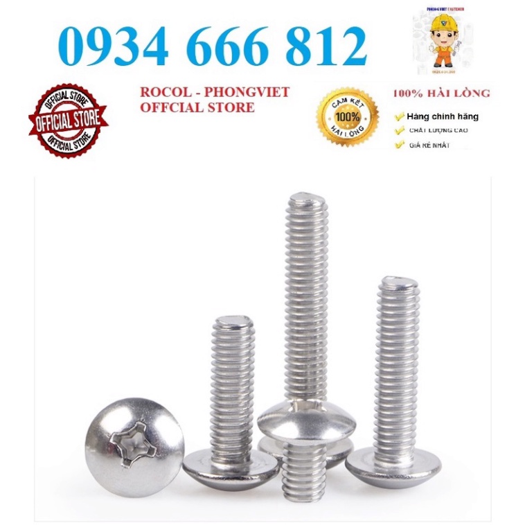 50c vít pake đầu dù thân bulong INOX 304 M6, M6x10,M6x12,M6x16,M6X20, M6X25,M6x30,M6x35,M6x40