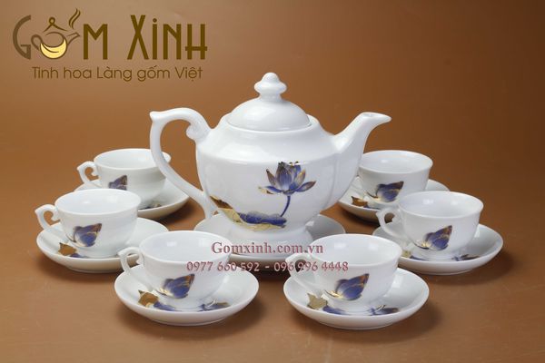 Bộ ấm chén Bát Tràng dáng Cúp sen xanh vàng kim