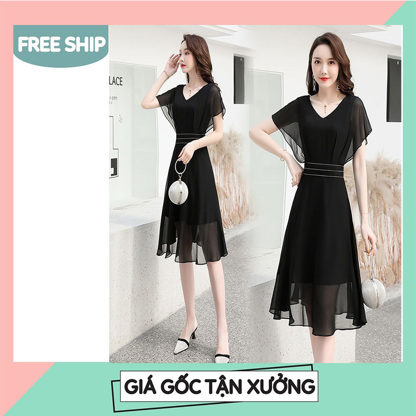 [Mới] Đầm dự tiệc eo đính đá, đầm công sở nữ, đầm nữ chất liệu voan cao cấp, mặc lên tốn dáng, sang chảnh. H2style.