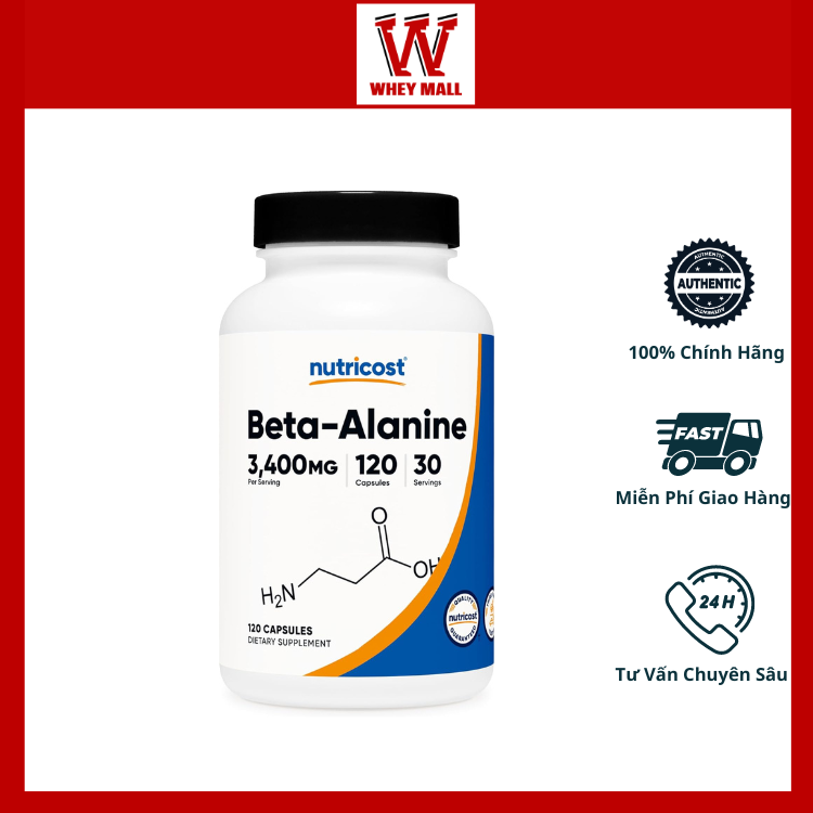 Nutricost Beta-Alanine 3400mg: Hỗ Trợ Tăng Hiệu Suất và Sức Bền - 120 Viên Nhộng