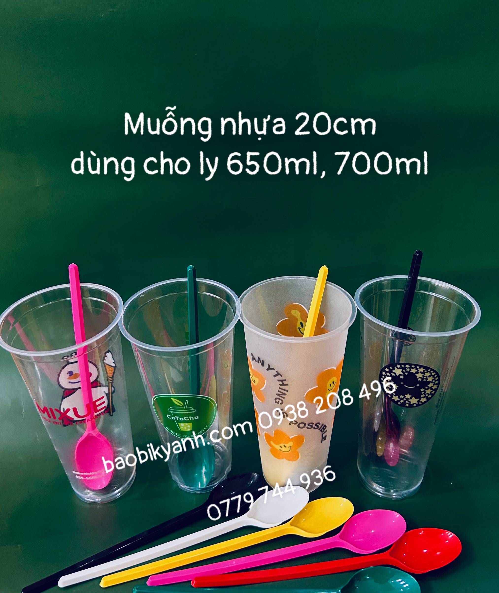 50 muỗng nhựa dùng 1 lần dài 20cm, muỗng dài trà sữa cao cấp 20cm
