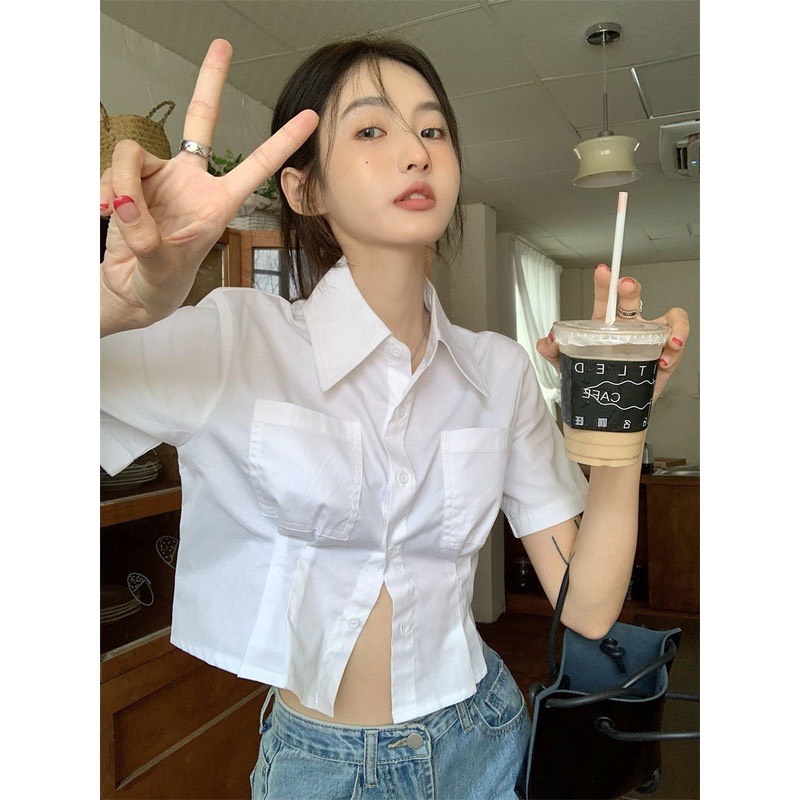 Áo sơ mi croptop trắng kẻ line dưới túi - aag99 shop -sm012