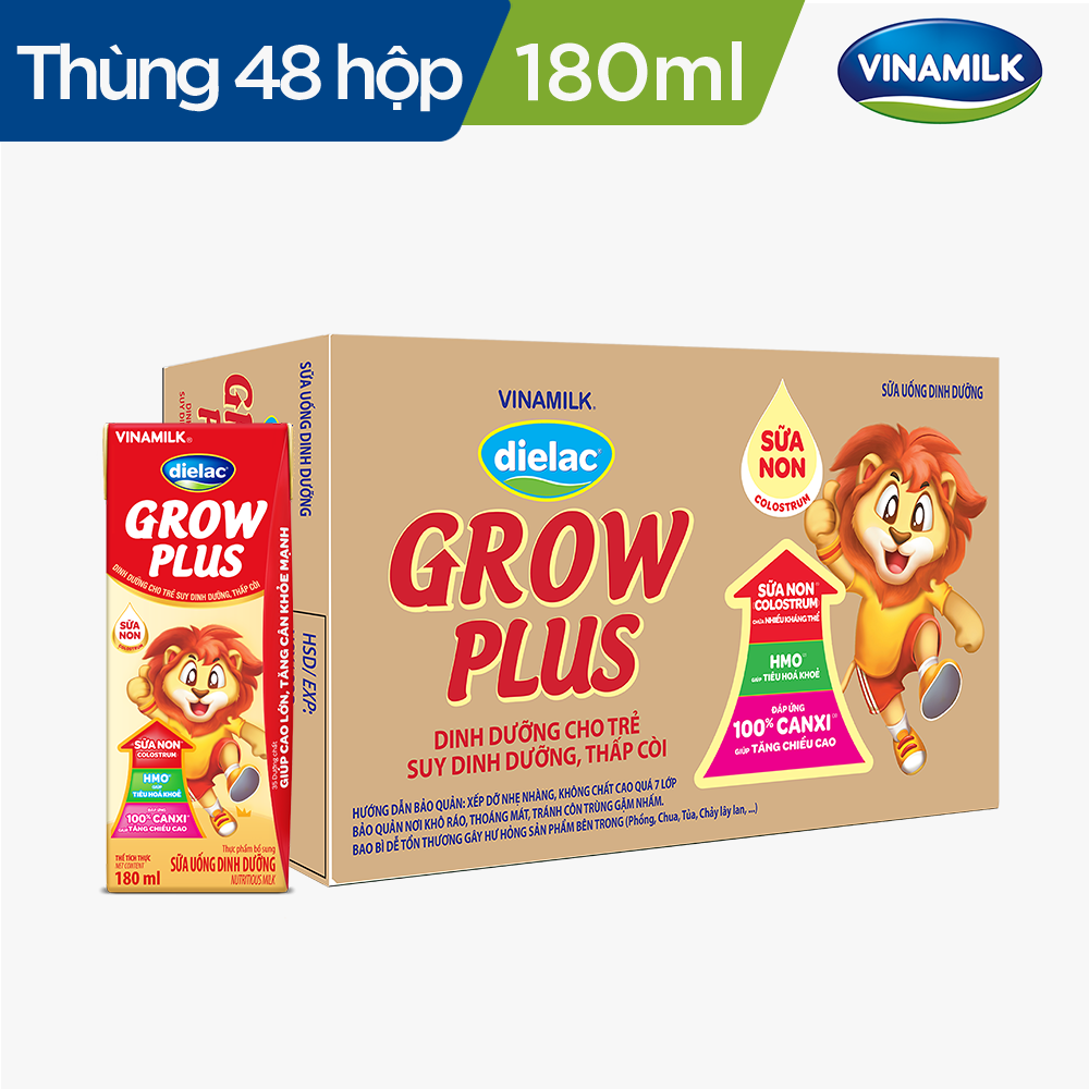 Thùng 48 hộp Sữa Non Vinamilk Dielac Grow Plus (Sữa Uống Dinh Dưỡng) 180ml - Sữa nước hỗ trợ Trẻ suy dinh dưỡng, thấp còi giúp trẻ Tăng cân cao khỏe