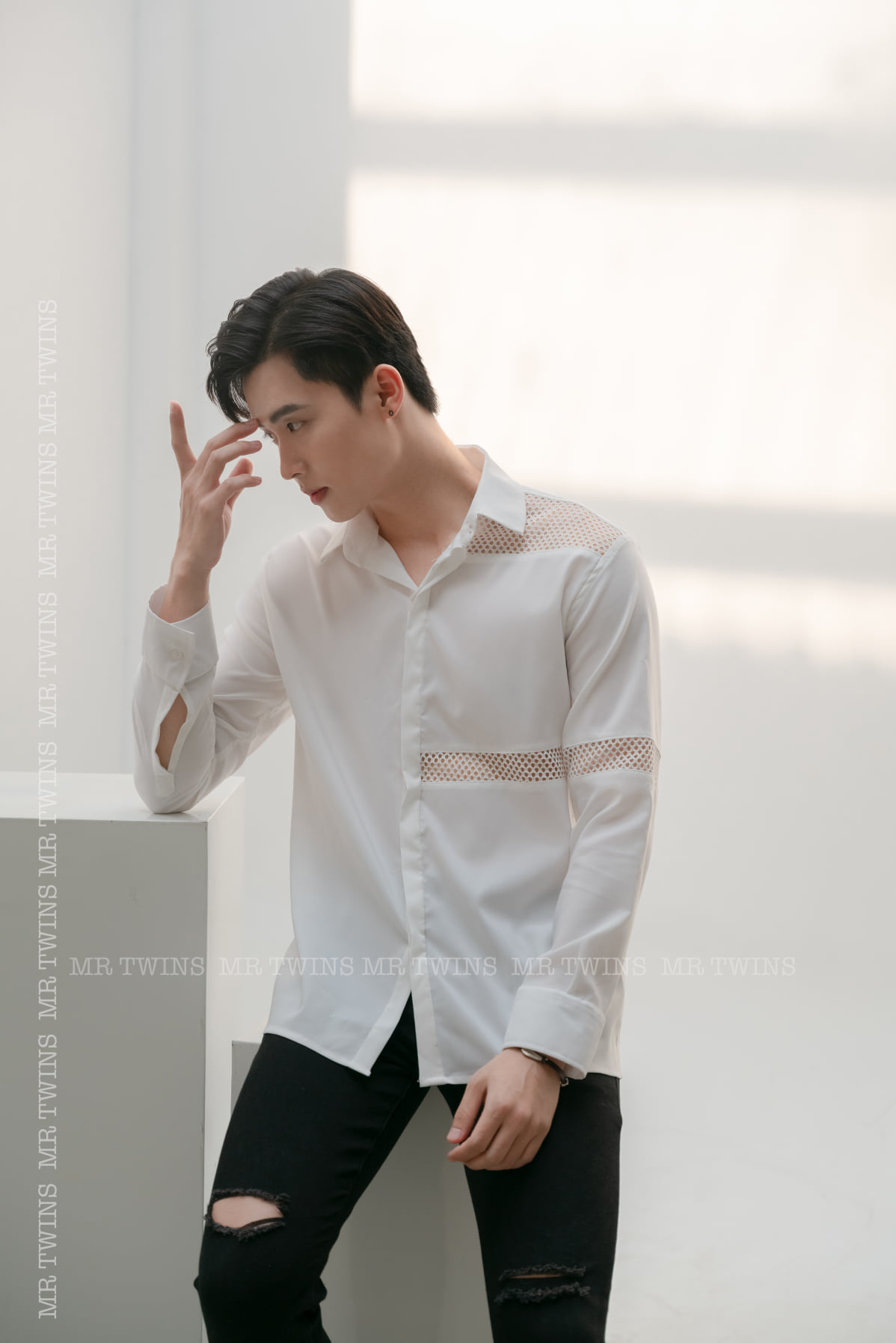 Áo Sơ Mi Nam Phối Lưới Màu Trắng Thương Hiệu MrTwins®