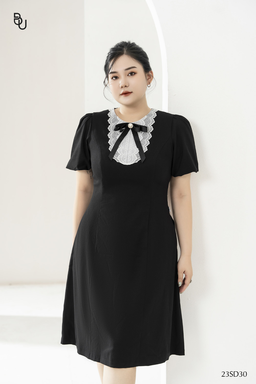Đầm dài phối bản ren ngực đính nơ bigsize - 23sd30 -