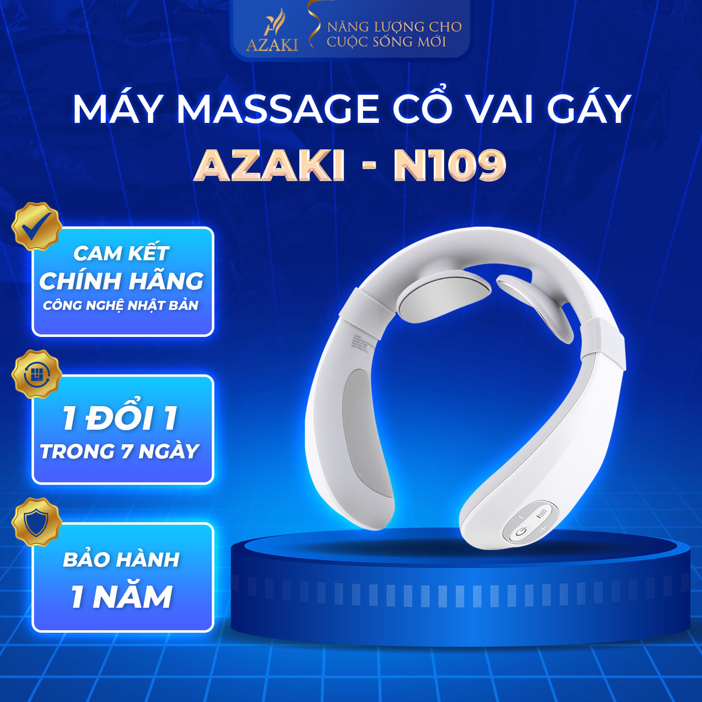 Máy Massage Cổ Vai Gáy Azaki N-109, 6 chế độ, 4 đầu massage, 15 cường độ giúp giảm đau nhanh chóng và an toàn BH 1 năm