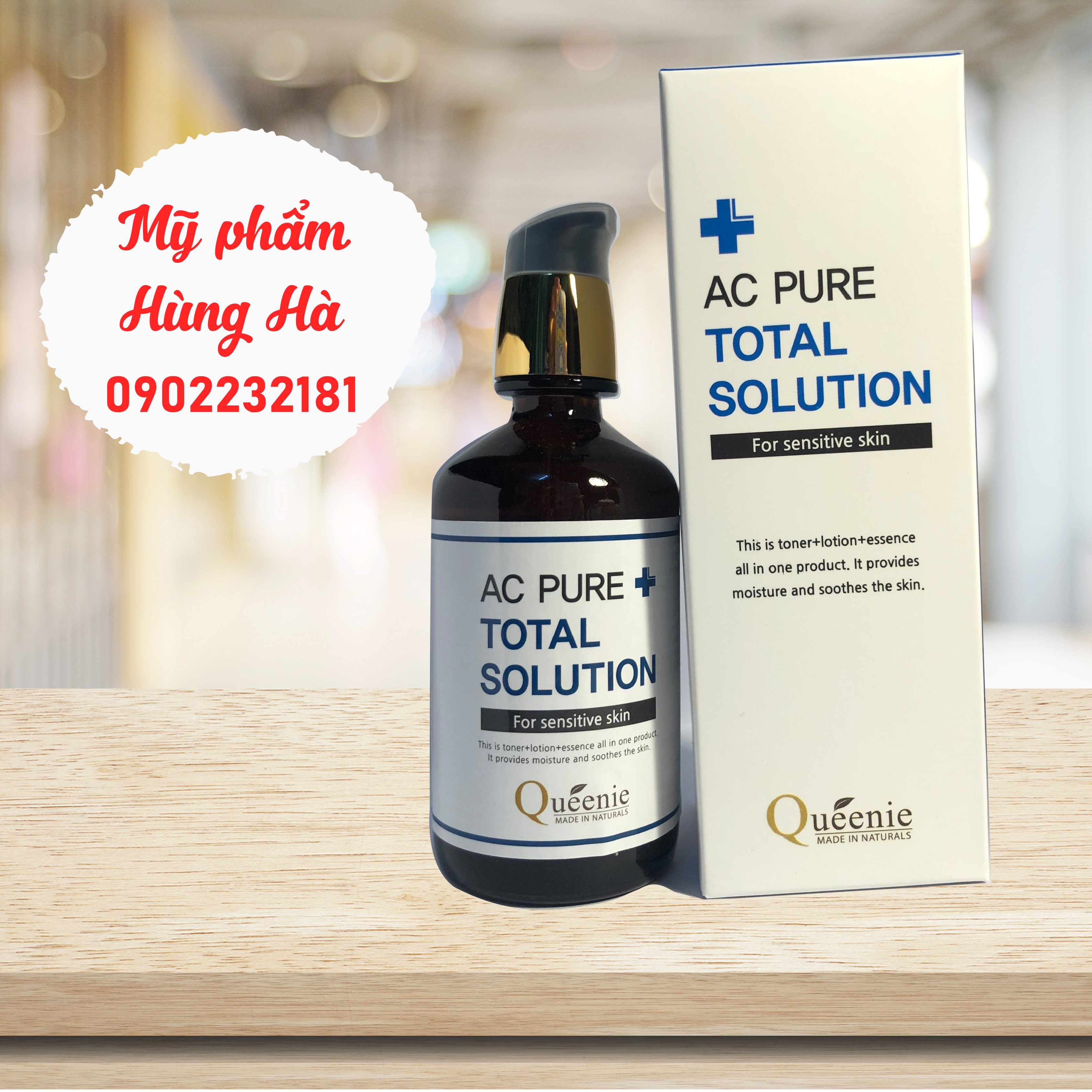 Serum da dầu mụn Queenie, tinh chất dưỡng da, cho da dầu, da mụn, da nhạy cảm Queenie Ac Pure Total Solution 100ml