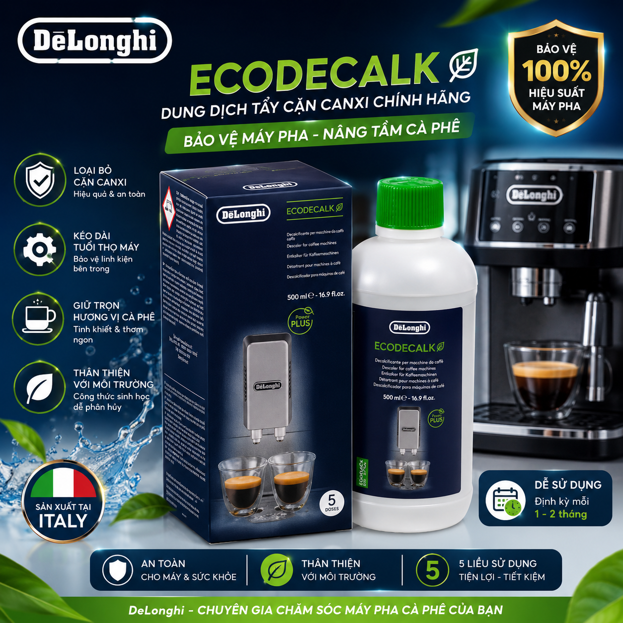 Dung dịch tẩy cặn máy pha cà phê DeLonghi EcoDecal, Hàng Chính Hãng, BH 12 Tháng