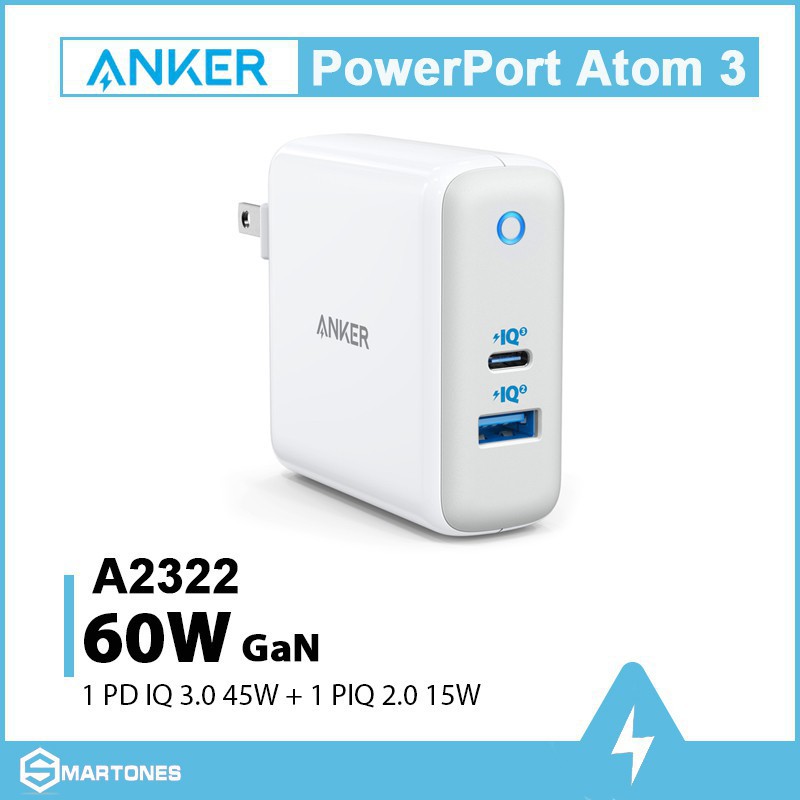 Củ sạc anker a2322 60w 2 cổng usb + pd3.0 gan