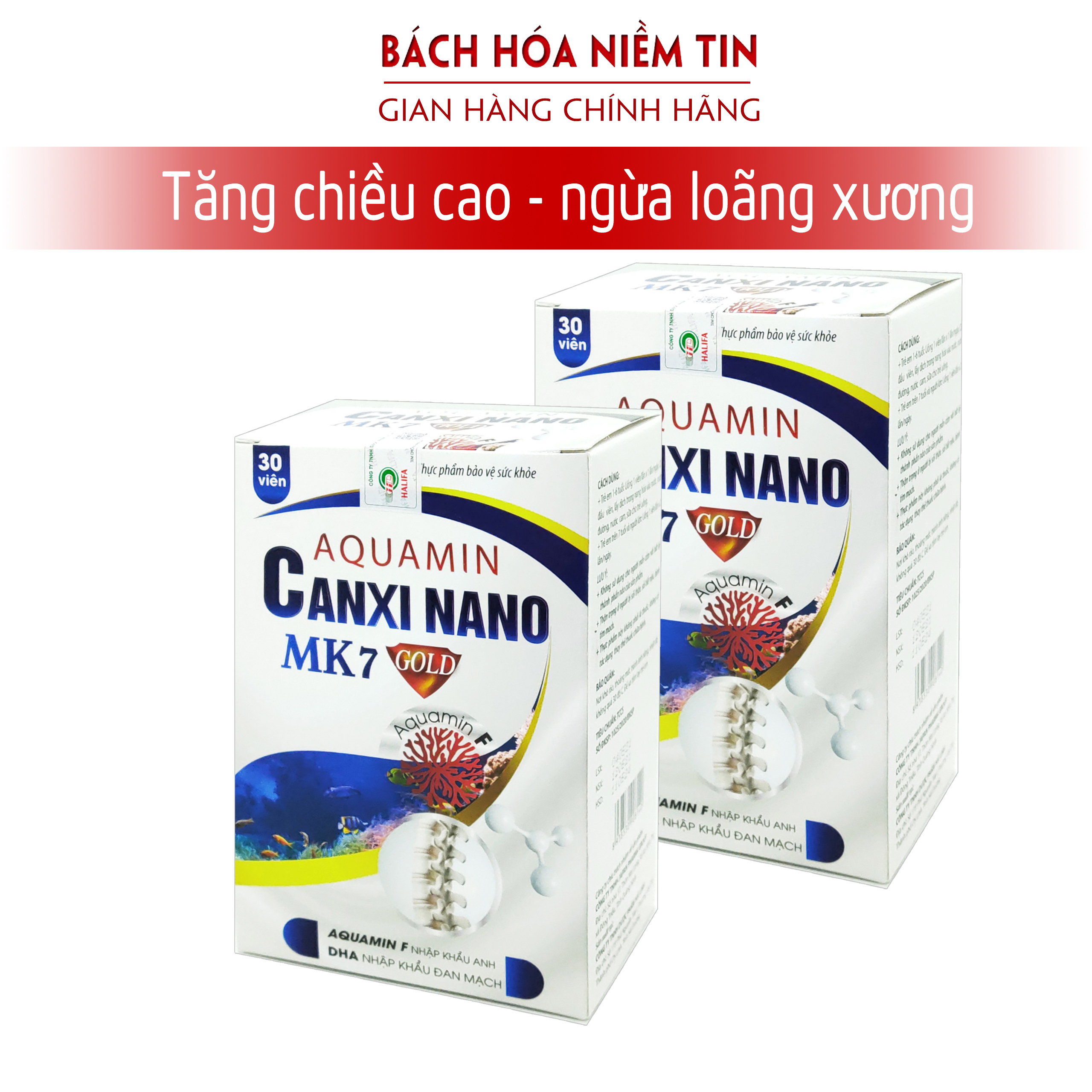 Combo 2 hộp Viên Uống Bổ Sung Canxi, Aquamin Canxi Nano MK7 Red Vitamin D3, Vitamin K2 Phát triển hệ
