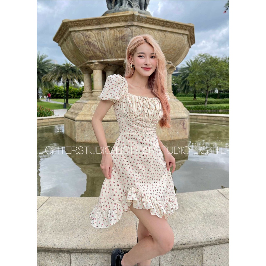 Đầm linen hoa tay phồng lighter studio phối bèo kami dress