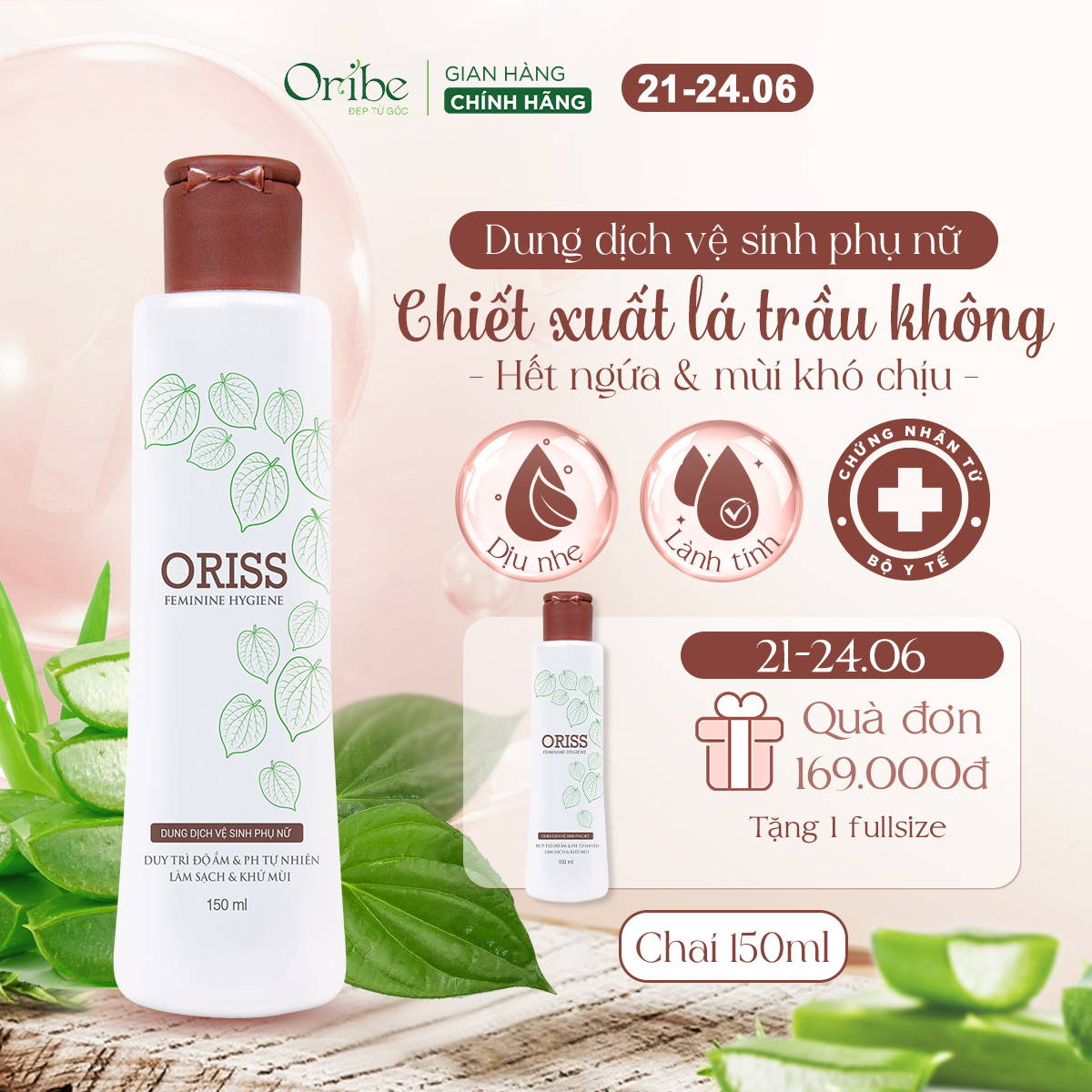 (Che tên) Dung dịch vệ sinh phụ nữ trầu không Oriss kháng viêm ngừa nấm ngứa làm sạch dịu nhẹ khử mùi dưỡng ẩm và không gây khô rát 150ml
