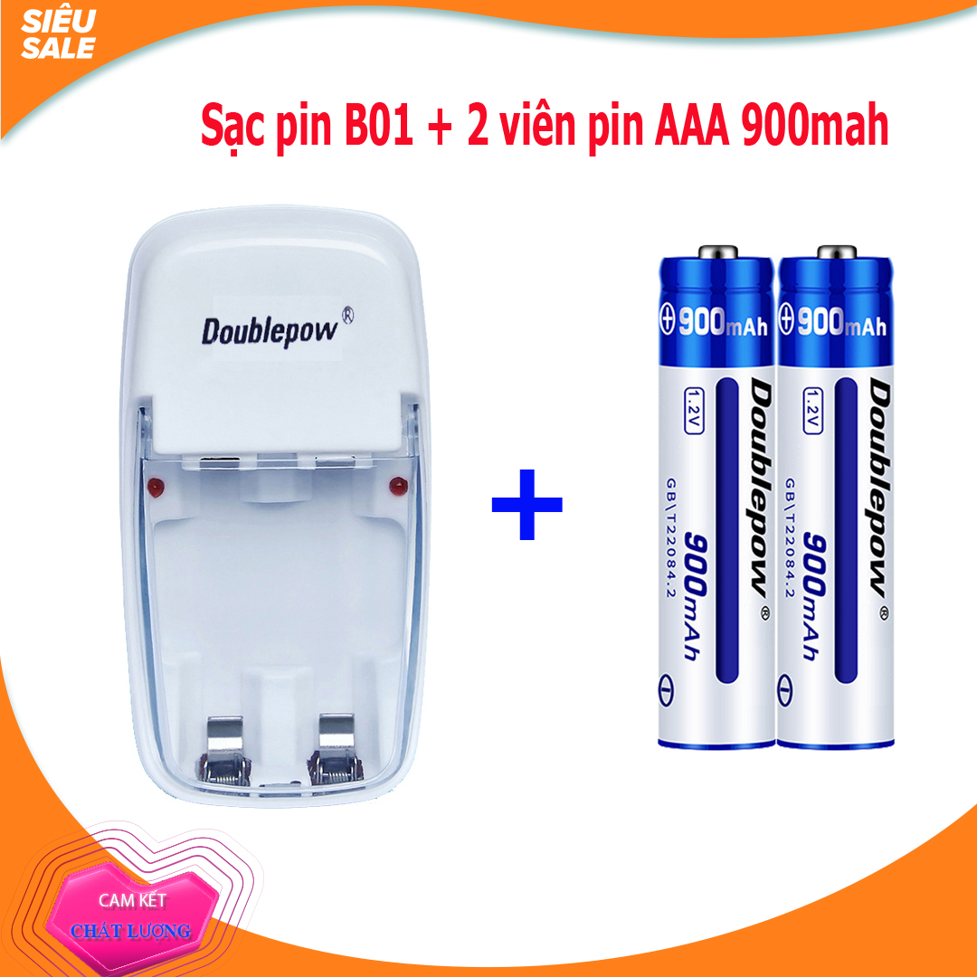 Combo sạc pin tiểu, pin đũa 2 cổng và 02 viên pin sạc AAA 900mAh - Doublepow