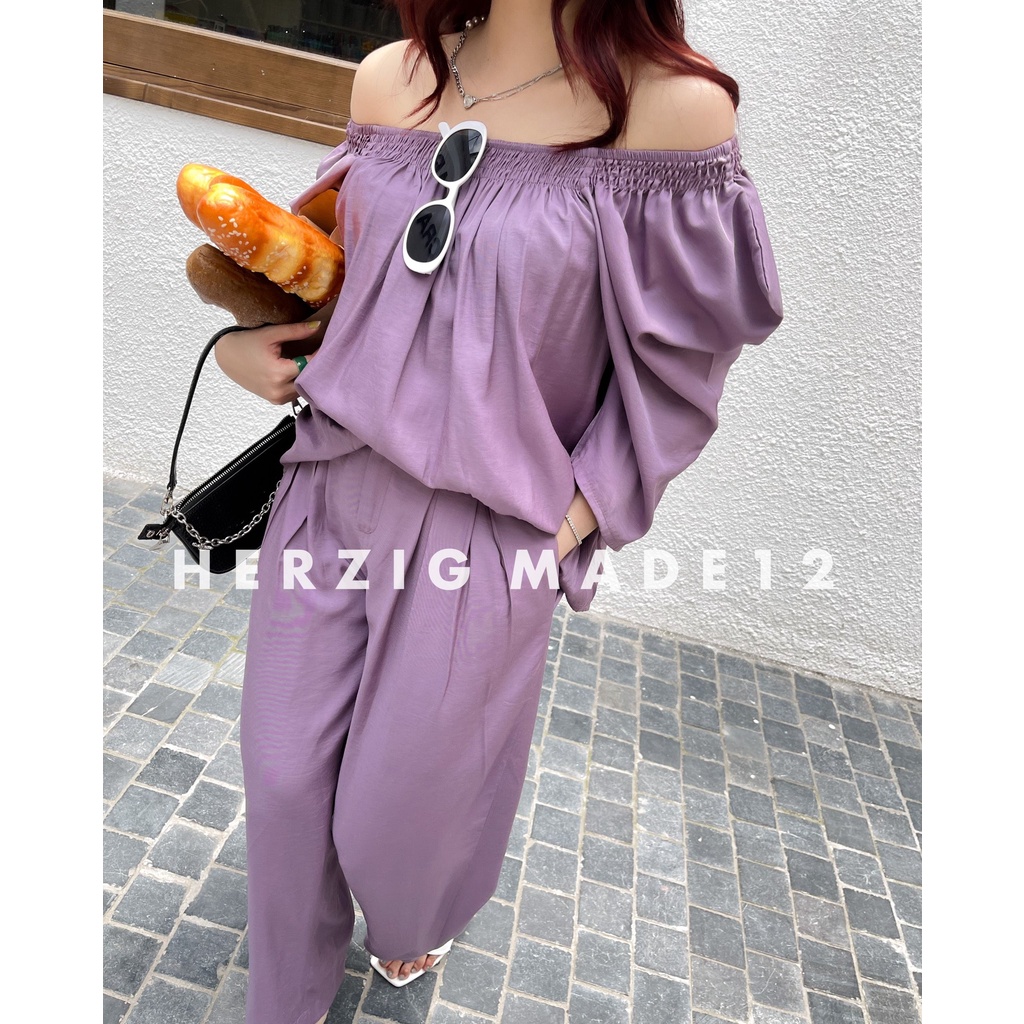 Set áo trễ vai quần dài tay bồng chất đũi Nhật dày dặn - Calay set - F252