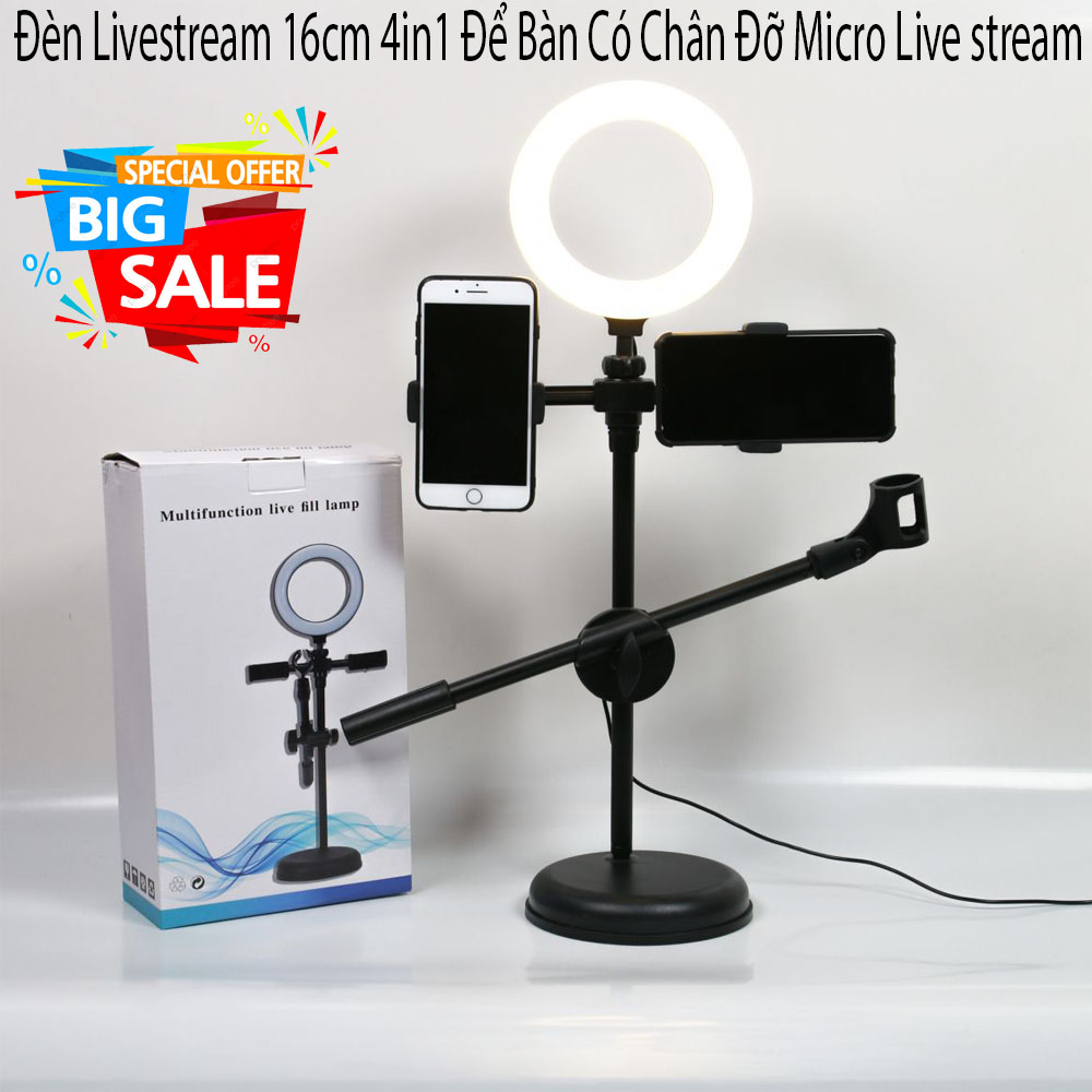 Đèn livestream 16cm 4in1, đèn livestream để bàn có chân đỡ micro, live stream 2 điện thoại kèm đèn - bộ giá đỡ livestream đa năng có đèn led siêu đẹp, đảm bảo ánh sáng -bh uy tín 1 đổi 1.