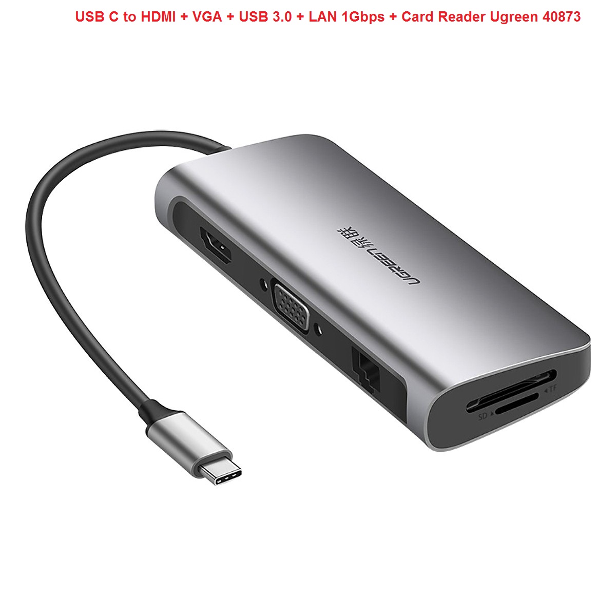 Bộ chuyển usb c to hdmi + vga + usb 3.0 + lan 1gbps + card reader đa năng ugreen 40873
